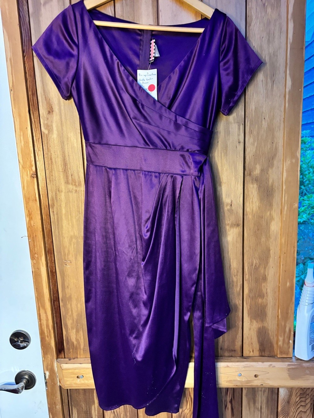 NWT Pinup Couture Ava Faux-Wrap Satin Wiggle Dress in Deep Purple - Size S